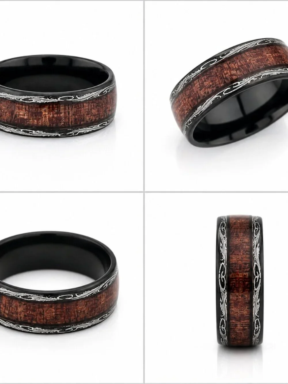 Size 13 Black Stainless Steel Wedding Band with Silver Edges & Wood‑Grain Inlay